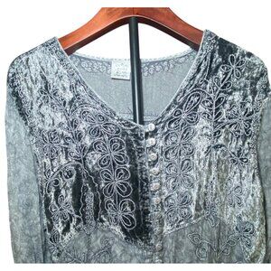Womens Velvet Gray Tunic Top‎ Floral Design Hi-Lo Hem Whimsygoth Grunge Size 1X